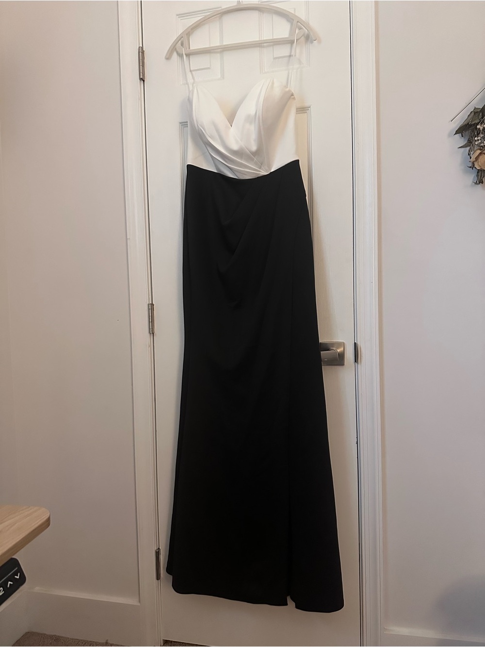 Elegant Black and White Evening Gown with Draped Bodice very high slit